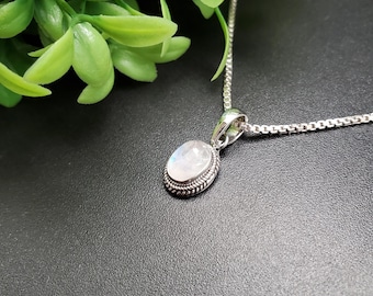 May include: A silver necklace featuring an oval moonstone pendant. The pendant is set in a detailed, textured bezel. The chain is a delicate box chain. The background is a dark surface with green foliage.
