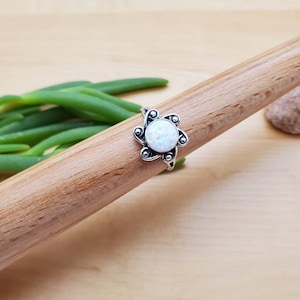 SoCute925 Flower Ring With Fire White Opal in Sterling Silver | 925 Solid Wire Ring | Ring Size 5 | Flower Concho Opal Ring | Made in USA