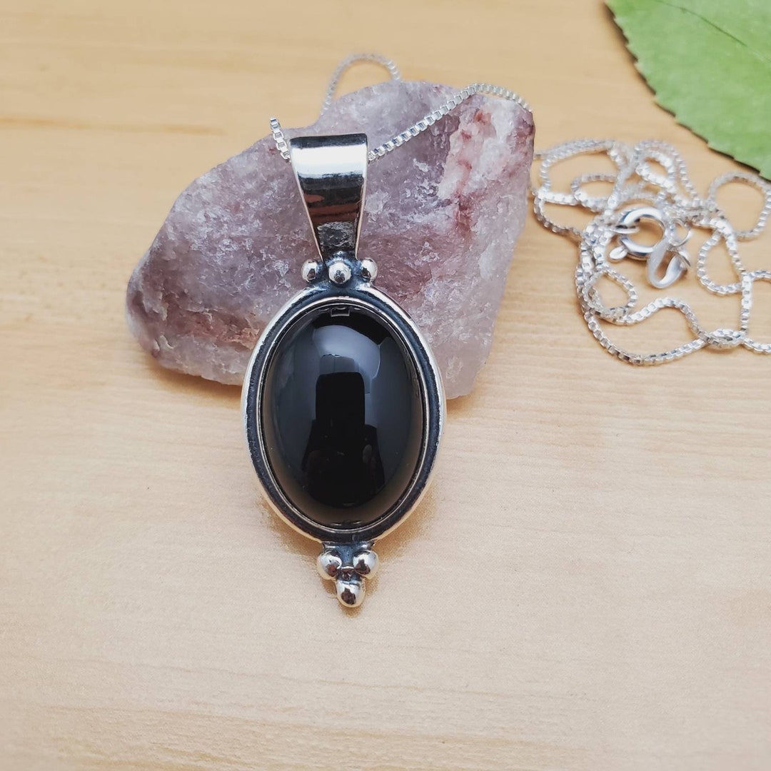 Socute925 Big Black Necklace Pendant With Silver Box Chain Necklace 18