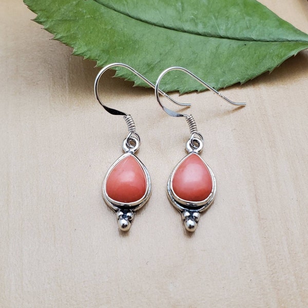 SoCute925 Bamboo Pink Coral Earrings | Sterling Silver Coral Earrings | Pink Coral Teardrop | Pink Earrings | Southwest Earrings Made in USA