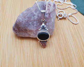 SoCute925 Dainty Black Necklace Pendant With Silver Box Chain Necklace 18 Inches | Sterling Silver Black Onyx Southwest Necklace Made in USA
