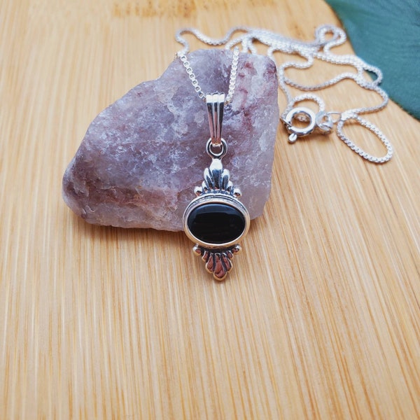 SoCute925 Dainty Black Necklace Pendant With Silver Box Chain Necklace 18 Inches | Sterling Silver Black Onyx Southwest Necklace Made in USA