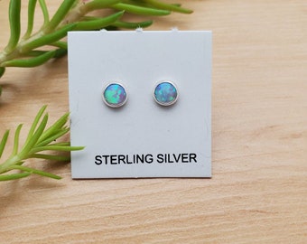 SoCute925 4mm Tiny Sterling Silver Stud Earrings | Fire Light Blue Opal Studs | Tiny Opal Studs | 925 Desert Opal Studs | Minimalist Studs