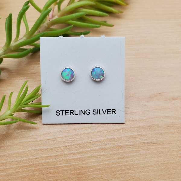 SoCute925 4mm Tiny Sterling Silver Stud Earrings | Fire Light Blue Opal Studs | Tiny Opal Studs | 925 Desert Opal Studs | Minimalist Studs