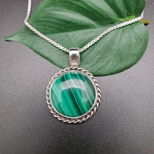 STN #362 | 20mm Green Malachite Necklace Pendant Options With Silver Chain | Sterling Silver Malachite Southwest Pendant | Made in USA