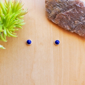 May include: A pair of small, round stud earrings with a vibrant blue gemstone set in a silver bezel. The earrings are displayed on a light brown wooden surface, with a green plant and a rock in the background.