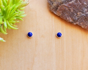May include: A pair of small, round stud earrings with a vibrant blue gemstone set in a silver bezel. The earrings are displayed on a light brown wooden surface, with a green plant and a rock in the background.