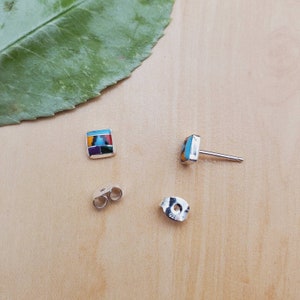 SoCute925 Small 5MM Square Inlay Stud Earrings | Dainty Multicolor Stud Earrings | Sterling Silver Posts | Southwest Studs | Simple Studs