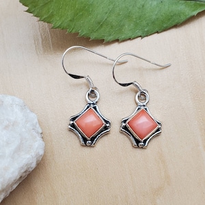 SoCute925 Bamboo Pink Coral Square Earrings | Dainty Pink Coral Dangle Earrings | Sterling Silver Earrings | Dainty Pink Earring Made in USA