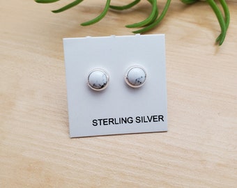 SoCute925 5mm Small White Buffalo Turquoise Post Earrings | Dainty White Turquoise Stud Earrings | Sterling Silver Posts | Tiny White Studs