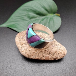 SoCute925 Sterling Silver Turquoise Sugilite Ring Size 8us | Statement Ring | Multicolor Inlay Ring | Purple Sugilite and Turquoise Ring