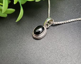 STN #232 | Dainty Oval Black Onyx Necklace Pendant With Options of Silver Chain | Sterling Silver Black Agate Southwestern Pendant Necklace