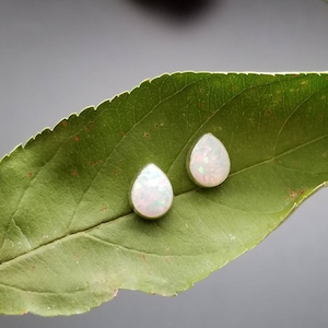 SoCute925 Dainty White Opal Teardrop Stud Earrings | Small Opal Stud Earrings | Sterling Silver Post Earrings | White Opal Studs Made in USA