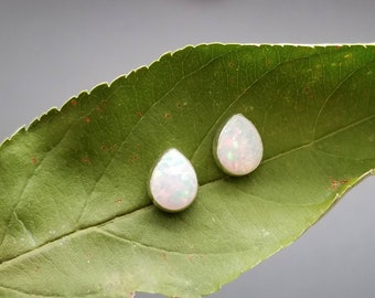 SoCute925 Dainty White Opal Teardrop Stud Earrings | Small Opal Stud Earrings | Sterling Silver Post Earrings | White Opal Studs Made in USA