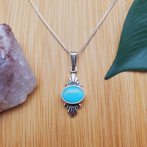 SoCute925 Small Kingman Turquoise Necklace Pendant With Silver Box Chain Necklace 18 Inches | Sterling Silver Turquoise Southwest Necklace