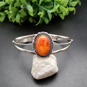STN #C353 | Orange Spiny Oyster Bracelet Cuff | Sterling Silver Orange Shell Inlay Cuff Bracelet | Orange Spiny Oyster Bracelet Gift For Her