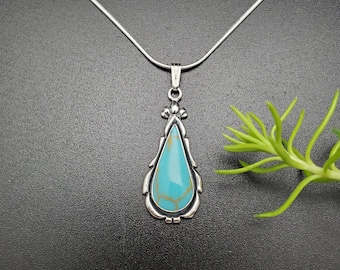 SoCute925 Long Teardrop Kingman Turquoise Necklace Pendant With Silver snake  Chain Necklace 18" | Sterling Silver Necklace | Made in USA