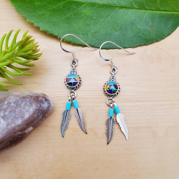 Feather Stud Earrings with Turquoise Inlay Sterling Silver - Made in the USA Feather Stud Earrings with Turquoise Inlay Sterling Silver - Made in the USA