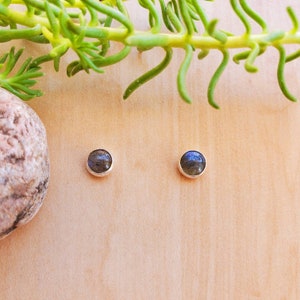 May include: A pair of silver stud earrings with round, dark blue labradorite gemstones.