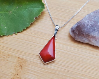 SoCute925 Unique Shape Red Coral Necklace Pendant With Silver Box Chain 18" | Sterling Silver Blood Red Coral Necklace | Southwest Necklace