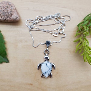 SoCute925 White Buffalo Turquoise Necklace Pendant With Silver Box Chain Necklace 18&quot; | White Turquoise Sea Turtle Necklace | Made in USA