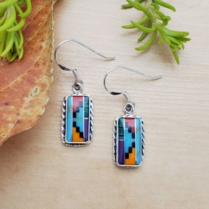 SoCute925 Inlay Rectangle Multicolor Dangle Earrings | Inlay Southwestern Jewelry | Bright Color Earrings | Southwest Earrings | Made in USA