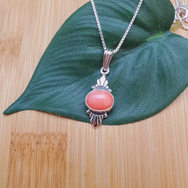 SoCute925 Small Pink Coral Necklace Pendant With Silver Box Chain Necklace 18 Inches | Sterling Silver Coral Southwest Necklace Made in USA