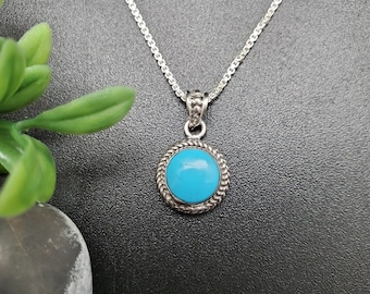 NST #55 | Collier Pendentif Turquoise Bleu Rond 8mm Avec Chaîne Argent | Collier turquoise en argent sterling | Pendentif Turquoise bleu délicat