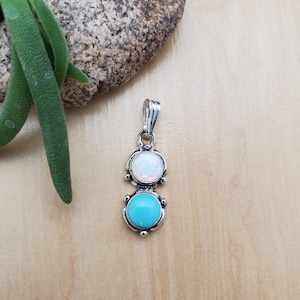 SoCute925 Dainty White Opal with Turquoise Necklace Pendant | Small Sterling Necklace Pendant | Small Southwest Necklace Pendant Made in USA