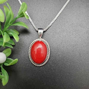 STN #18 | Oval Stone 13x18mm Red Coral Necklace Pendant With Silver Chain Necklace | Sterling Silver Red Coral Pendant Necklace | Red Coral