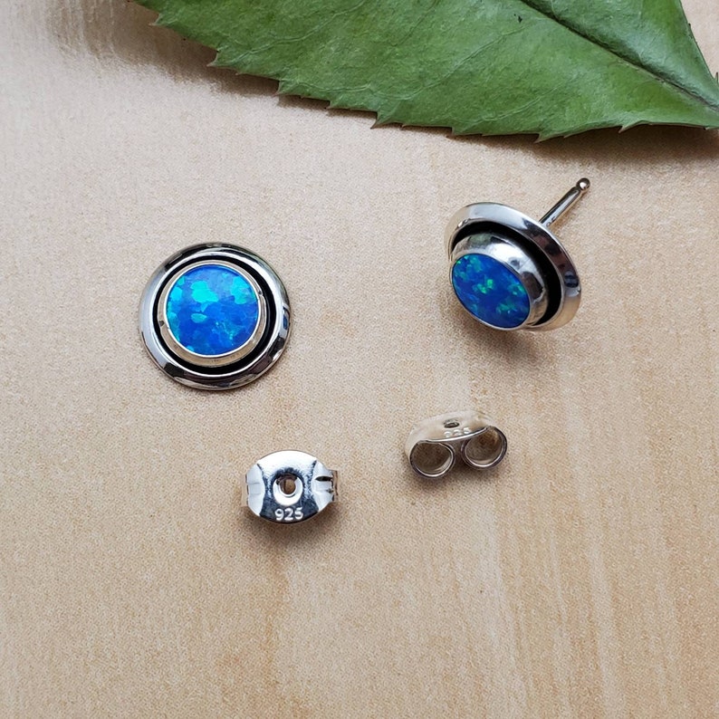 Sterling Silver Posts Blue Opal Stud Earrings SoCute925 Small Dark Blue Opal Studs Blue Opal Post Earrings Small Concho Earrings