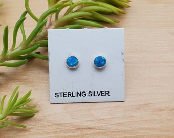 SoCute925 4mm Tiny Sterling Silver Stud Earrings | Fire Dark Blue Opal Studs | Tiny Opal Studs | 925 Desert Opal Studs | Minimalist Studs