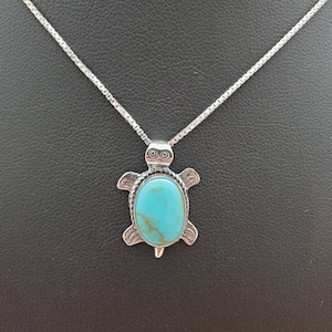 SoCute925 Southwestern Turtle Necklace Pendant With Silver Box Chain Necklace 18&quot; | Sterling Silver Turtle Turquoise Necklace | Made in USA