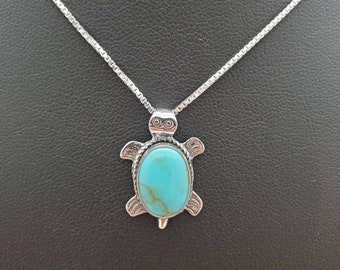 SoCute925 Southwestern Turtle Necklace Pendant With Silver Box Chain Necklace 18" | Sterling Silver Turtle Turquoise Necklace | Made in USA