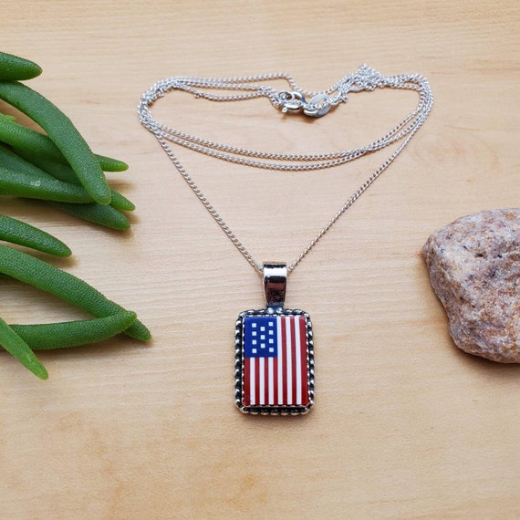 Socute925 USA Flag Necklace Pendant With Silver Chain