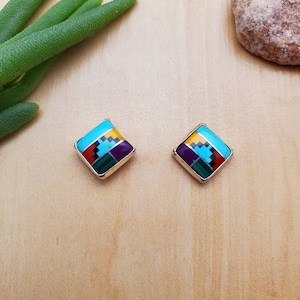 SoCute925 8MM Inlay Square Stud Earrings | Inlay Stud Earrings | Sterling Silver Inlay Post Earrings | Multicolor Studs | Southwest Jewelry