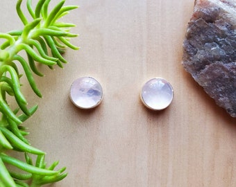 SoCute925 8mm Rose Quarts Post Earrings | Sterling Silver Quartz Jewelry | Dainty Rose Quartz Studs | Light Pink Rose Quartz Stud Earrings
