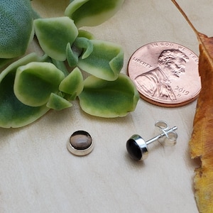 SoCute925 5mm Smoky Quartz Studs | Sterling Silver Stud Earrings | Small Smokey Quartz Ear Studs | Dainty Silver Quartz Jewelry Made in USA