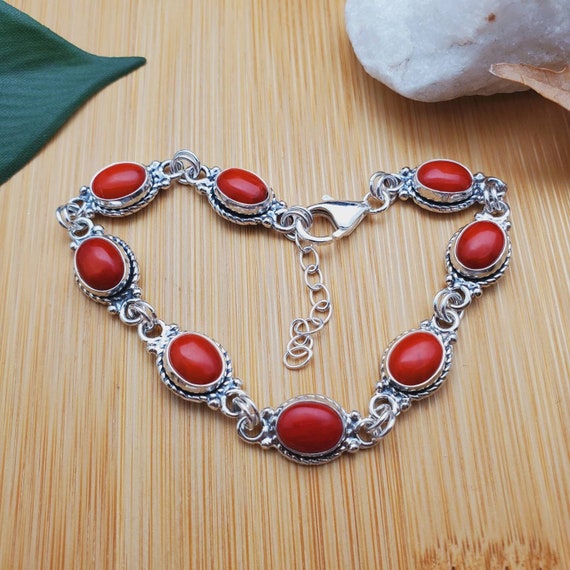 Socute925 Dainty Red Coral Bracelet Oval Shape Sterling Silver