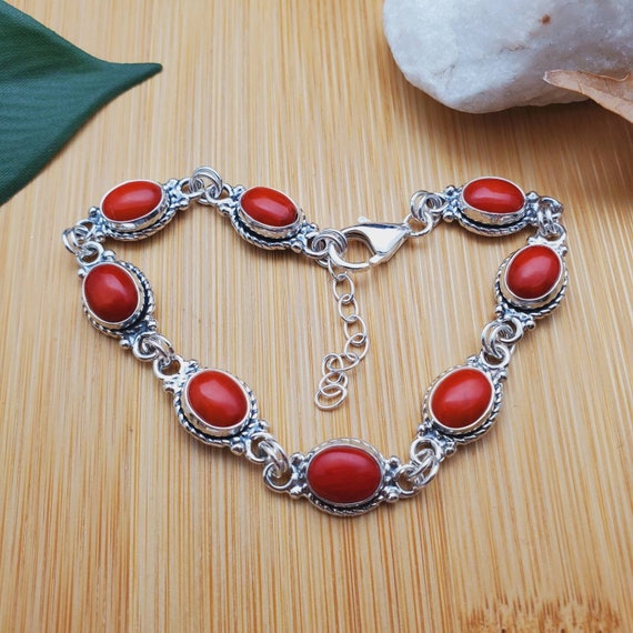 Pure Silver Bracelet With Green And Coral Stones – Sundari Silks