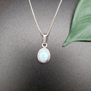 Simple Oval Larimar Necklace Pendant With Silver Chain Necklace | Sterling Silver Blue Larimar Necklace | Simple Necklace | Made in USA