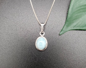 Simple Oval Larimar Necklace Pendant With Silver Chain Necklace | Sterling Silver Blue Larimar Necklace | Simple Necklace | Made in USA