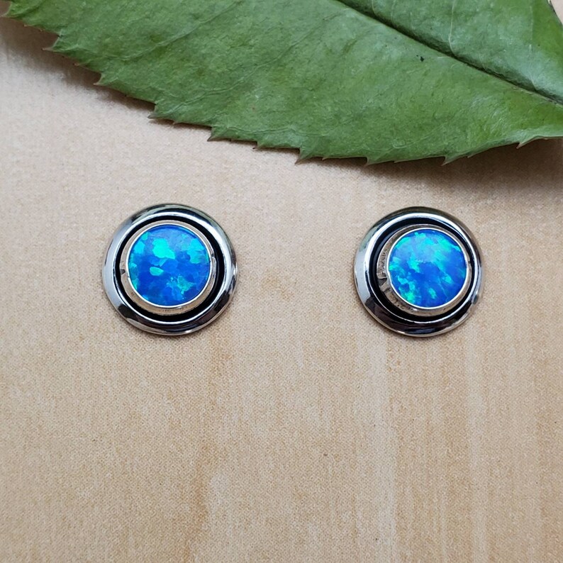 Sterling Silver Posts Blue Opal Stud Earrings SoCute925 Small Dark Blue Opal Studs Blue Opal Post Earrings Small Concho Earrings