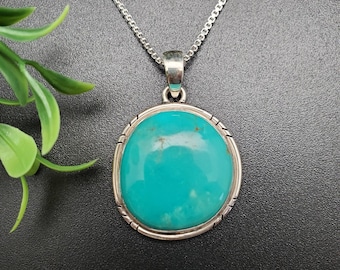 IGM#41 Unieke Kingman Turquoise hanger met sterlingzilveren ketting | Zilveren turkoois kettinghanger | Grote turquoise zuidwestelijke ketting