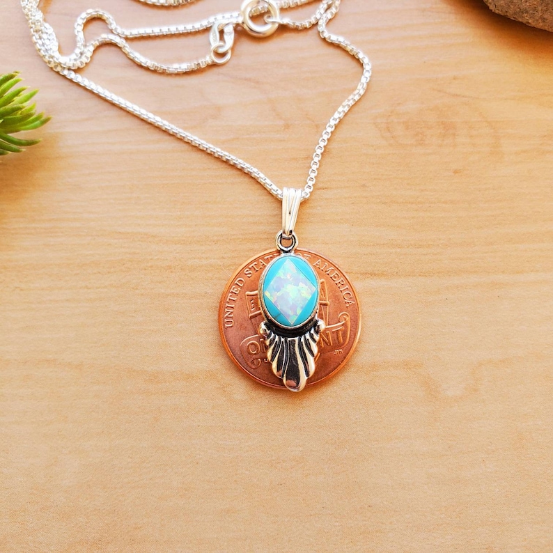 SoCute925 Dainty White Opal Turquoise Necklace Pendant With Silver Box Chain Necklace 18 Sterling Silver Necklace Dainty Necklace