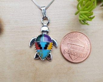 SoCute925 Big Inlay Southwestern Sea Turtle Necklace Pendant With Silver Box Chain Necklace 18" | Sterling Silver Necklace | Made in USA