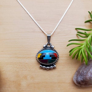 Big Inlay Multicolor Necklace Pendant With Silver Box Chain Necklace 18 inches | Sterling Silver Southwestern Jewelry | Multicolor Pendant