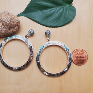 UH Inlay #02 | Huge Abalone Hoop Earrings | Big Inlay Abalone Shell Loop Earrings | Sterling Silver Southwest Loop Posts | Big Silver Inlay
