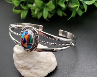 STN #C214 | Multicolor Inlay Cuff Bracelet | Sterling Silver Inlay Bracelet Cuff | Big Bright Multicolor Southwest Bracelet | Gift For Her