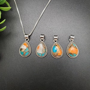 STN #211 | Teardrop Copper Spiny Oyster Turquoise Necklace Pendant With Options of Silver Chain | Big Silver Spiny Oyster Turquoise Pendant